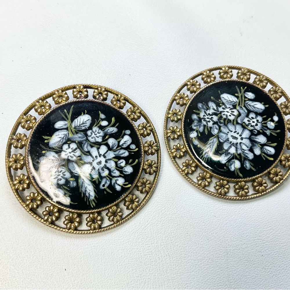 Antique Large Buttons Black White Enamel Floral French Brass
